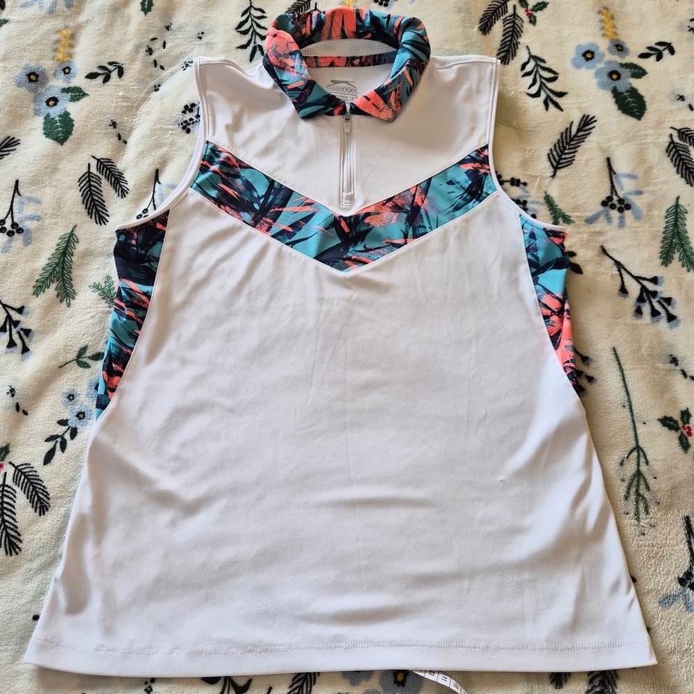 Slazenger Golf Sleeveless Polo Shirt Womens Small White Tropical Print Zip Sport